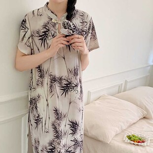 墨竹睡裙女夏季改良旗袍连衣裙盘扣日常茶艺师绝美裙子国风棉绸裙