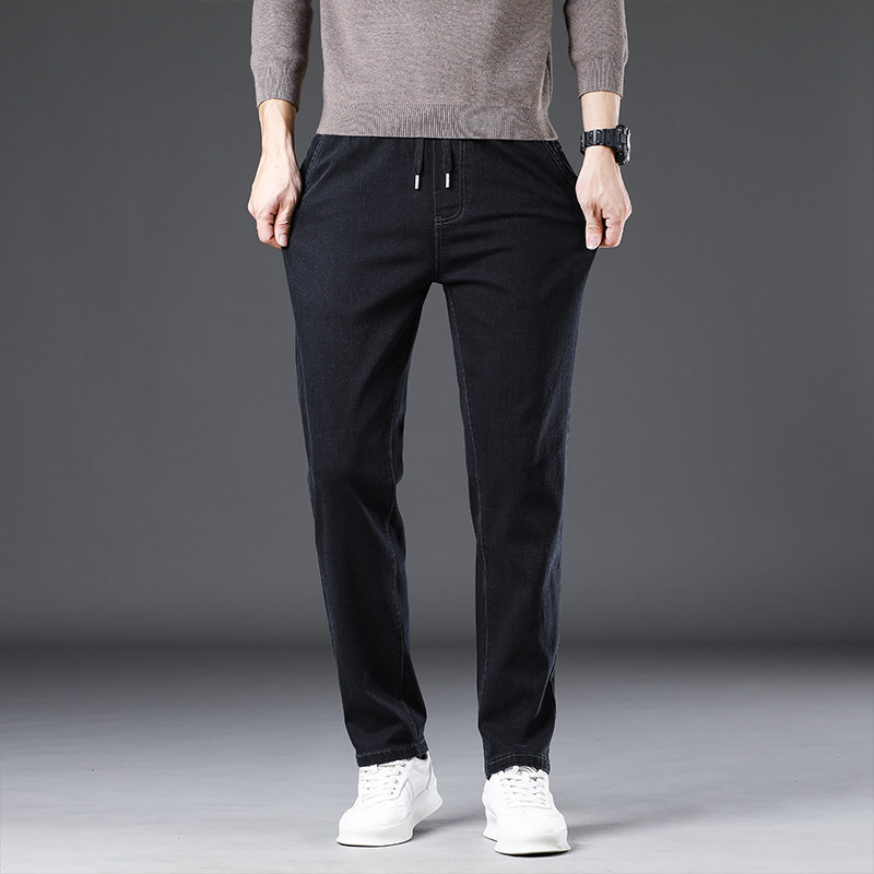 松紧腰牛仔裤男士弹力宽松男款休闲裤春秋款黑色裤子男装直筒男裤
