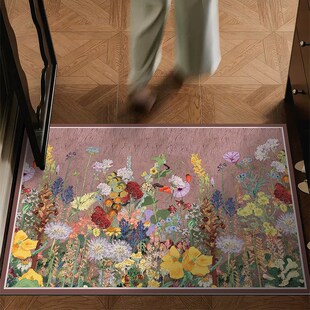 进门门口防滑家用脚垫可擦免洗玄关地毯 轻奢油画花入户门地垫美式