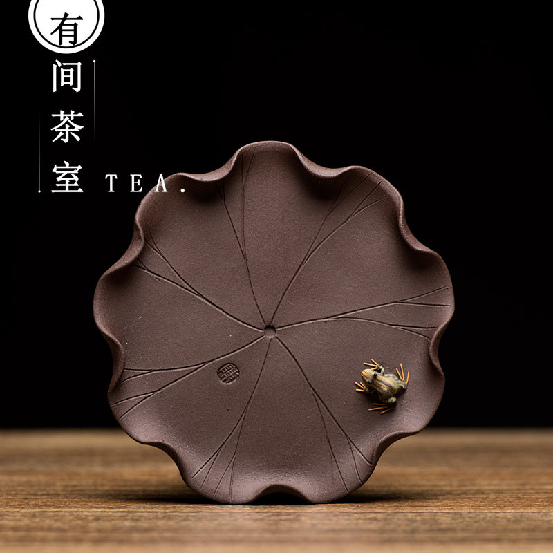 茶宠摆件精品紫砂青蛙荷叶托盘精致小青蛙雕塑茶玩茶盘装饰礼品
