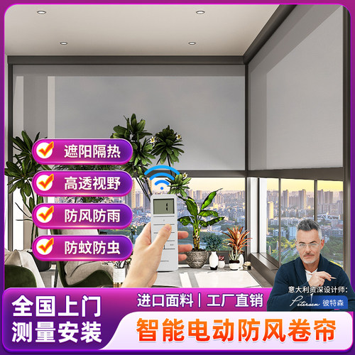 办公室电动防风卷帘定制阳台遮A阳挡雨防蚊虫窗帘智能遥控卧室纱