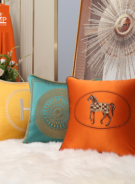 橙色抱枕鹅绒抱枕丝感马橙色枕套轻奢风靠M背靠枕靠垫枕客厅沙发