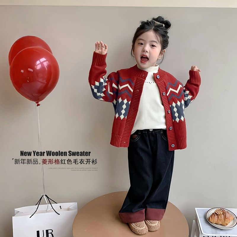 女童红色毛衣开衫外套2025新款儿童春装新年衣服洋气针织毛线衣潮,童装/婴儿装/亲子装,毛衣/针织衫,淘宝优惠券,粉丝福利购,淘宝优惠卷