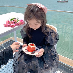 【现货闪发】女童公主裙秋冬装黑色泡泡袖纱裙爱心宝宝长袖连衣裙