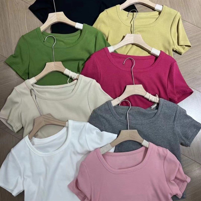 U型方领纯色修身短袖t恤糖果彩色打底衫经典女夏韩版简约时尚上衣