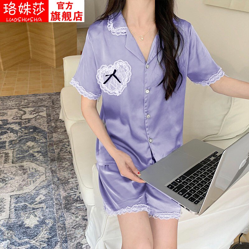 睡衣女夏季202k4新款冰丝短袖短裤五分裤可外穿女生紫色家居服套
