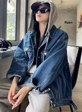 20896可拆卸针织连帽全棉牛仔外套宽松休闲全棉百搭长袖外搭上衣