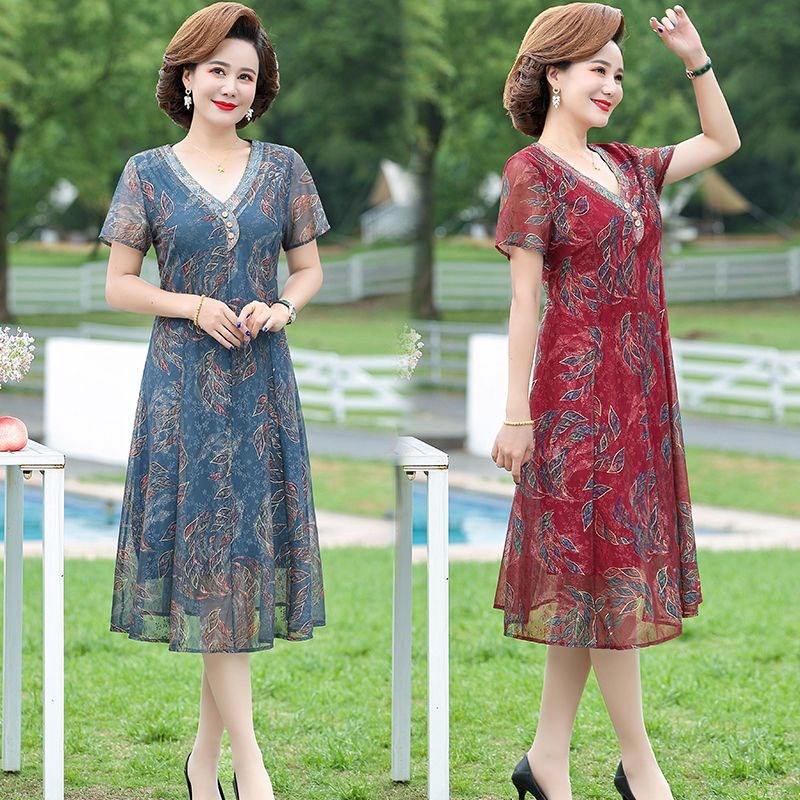气质中年女装连衣裙V领洋气中老年妈妈装网纱裙收腰显瘦裙子减龄