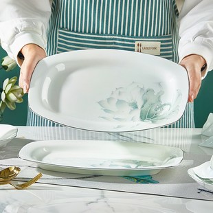 骨瓷鱼盘子家用清蒸鲈鱼盘12英寸大号红烧鱼盘新款加厚长方形鱼盘