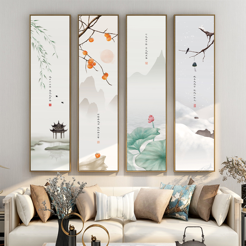 春夏秋冬客厅四季装饰画新中式四联条屏挂画风景楼梯过道玄关壁画图片