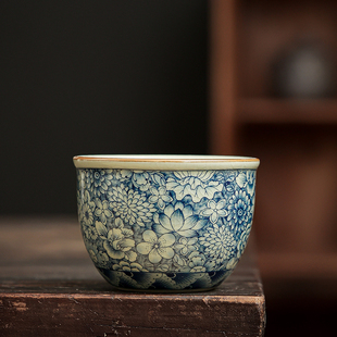 老陶泥青花杯家用高档功夫茶杯个人专用复古缸杯主人杯单杯礼盒装