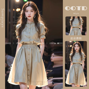 女夏季 小个子显高高端精致法式 收腰绿色棉麻亚麻连衣裙子2024新款