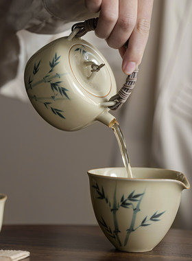 家用仿古手绘小号茶壶手工陶瓷泡茶家用提梁壶单壶一人用红茶茶具