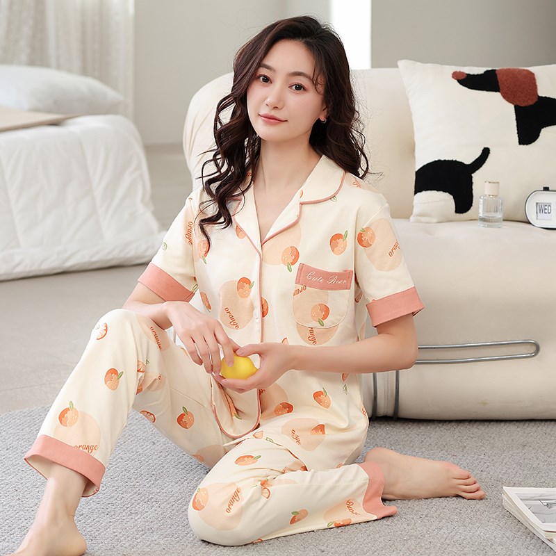 中年人女士睡衣夏季薄款纯棉短袖长裤妈妈家居服夏天休闲大码套装