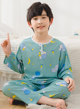 夏天儿童睡衣棉绸男童女孩长袖薄款套装1-10岁男孩U宝宝绵绸空调