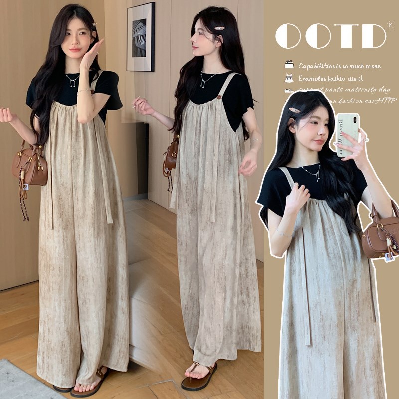 大码孕妇夏装2025新款时髦套装设计感阔腿背带裤短袖t两件套200斤