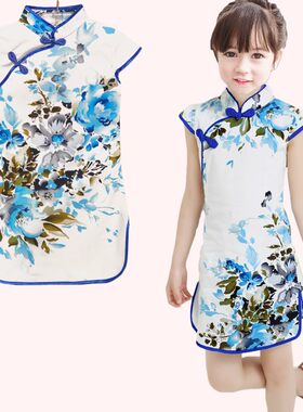 青花瓷连衣裙女童夏装儿童中式旗袍大小孩纯棉裙子复古中国风宝宝
