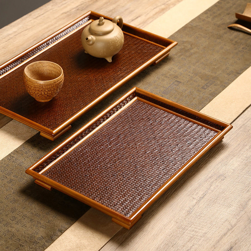 竹精细编制长方形底座茶盘家用竹茶具台竹制托盘放茶杯沥水干泡台