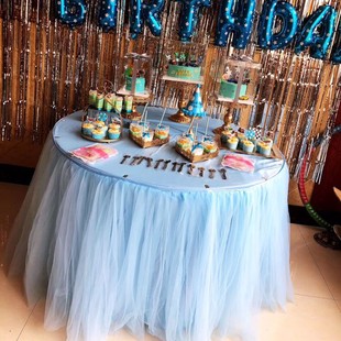 婚庆道具桌布签到台布纱甜品桌布置围裙桌套纱幔桌裙蓬蓬纱桌布