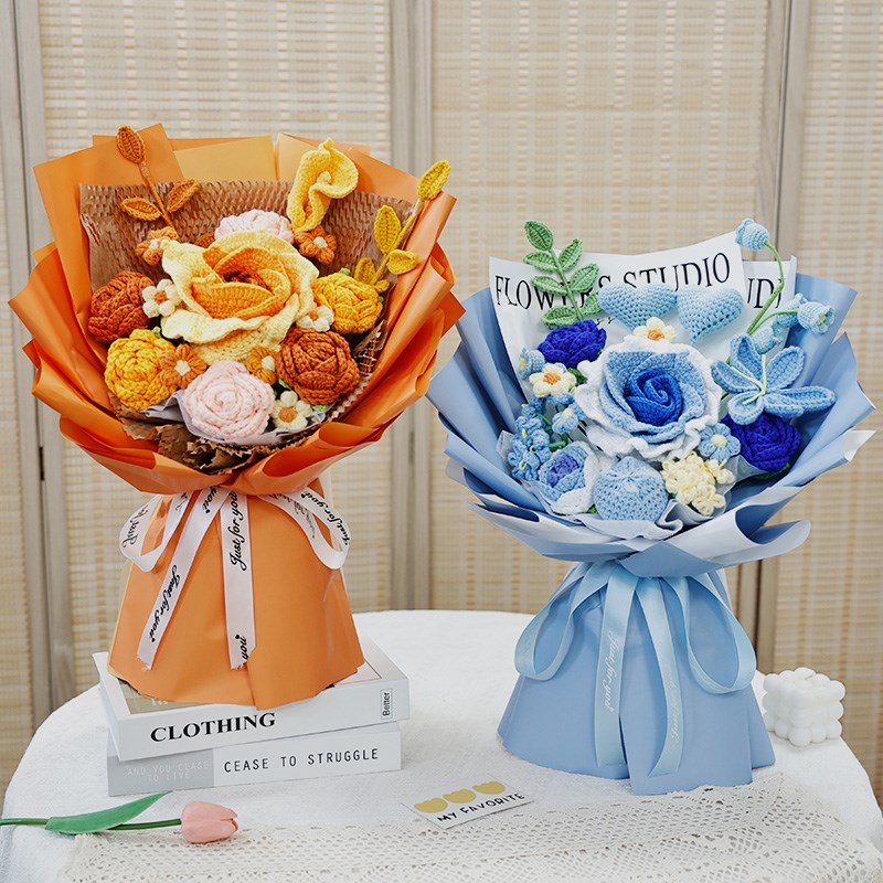 创意礼物生日送女生闺蜜仿真手工针织毛线玫瑰花束混搭手捧永生花