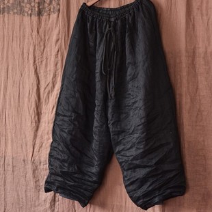 宽松大码棉麻女装文艺亚麻苎麻裤子薄款双层阔腿萝卜裤休闲裤系带