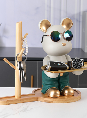 创意爱心熊摆件托盘轻奢玄t关放钥匙收纳竹木置物架装饰挂钩进门