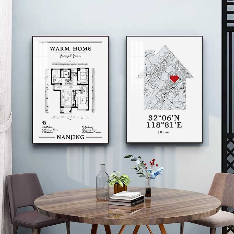 定制户型图挂画简约城市线条墙画房屋经纬度住宅平面图纸装饰画图片