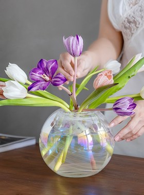 昀/YYUN 幻彩玻璃花瓶摆件客厅玄关鲜花插花瓶高级感桌面花艺手工