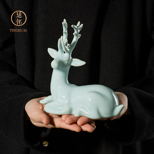 廷怀窑汝窑福鹿绵长一鹿有你茶桌茶宠摆件可养创意汝瓷茶具摆件