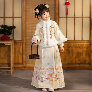 汉服儿童加绒加厚冬装拜年服中国风套装H香槟色女童过年保暖马面