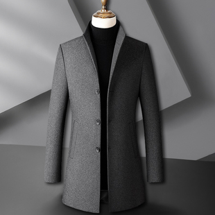 笔挺立领三粒扣中长款灰色羊毛呢子大衣秋冬夹棉风衣外套男上衣帅