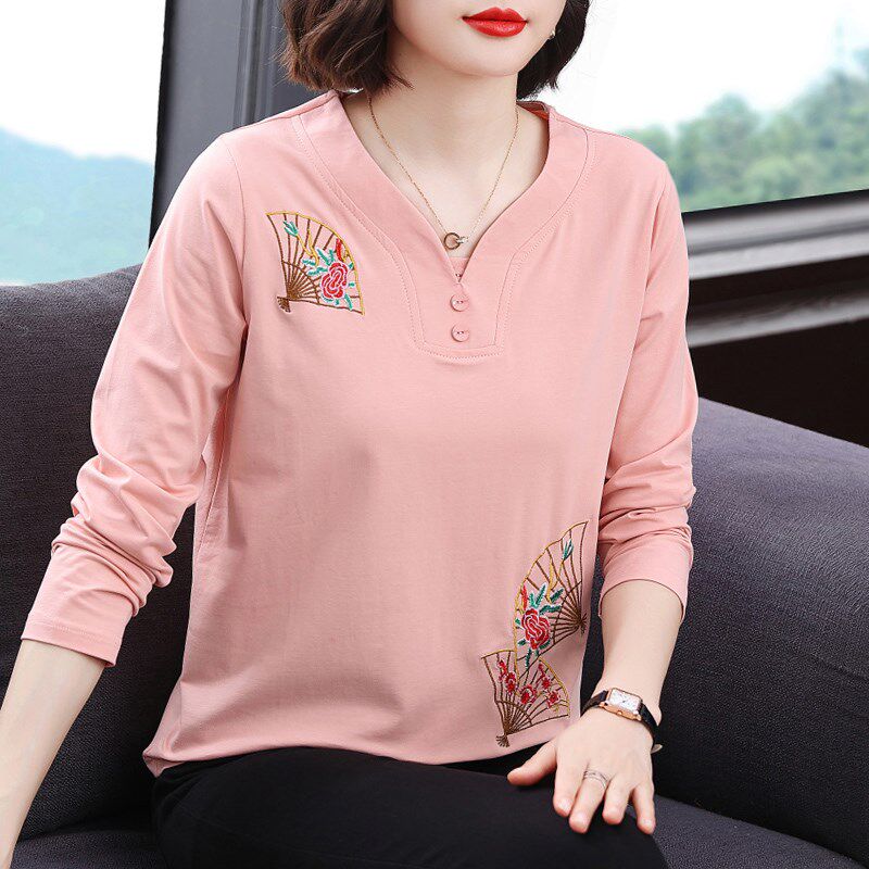 纯棉长袖t恤女i宽松2024春装新款百搭V领上衣中老年妈妈休闲打底