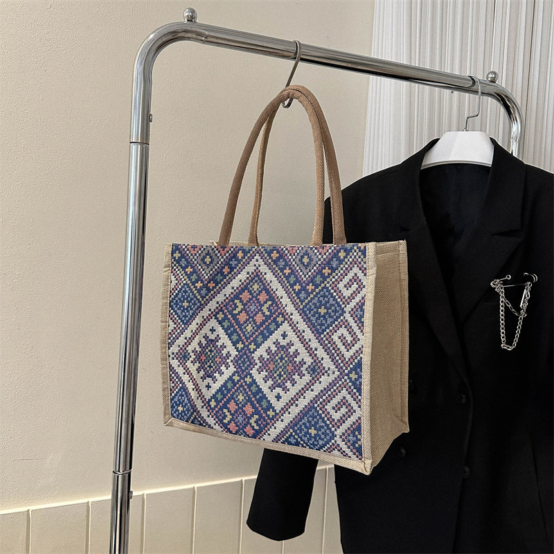 民族风棉麻手提包2023夏季新款时尚百搭潮流休闲包包女韩版提花包
