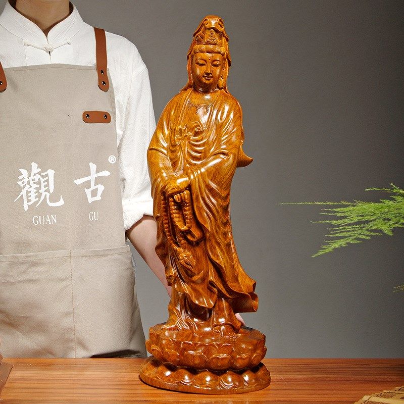 花梨木手持念珠观音菩萨佛像雕刻摆件家居客厅公司店铺装饰工艺品