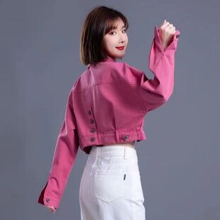 玫红色牛仔外套女2023年新款春秋小众彩色高腰牛仔上Y衣小个子短