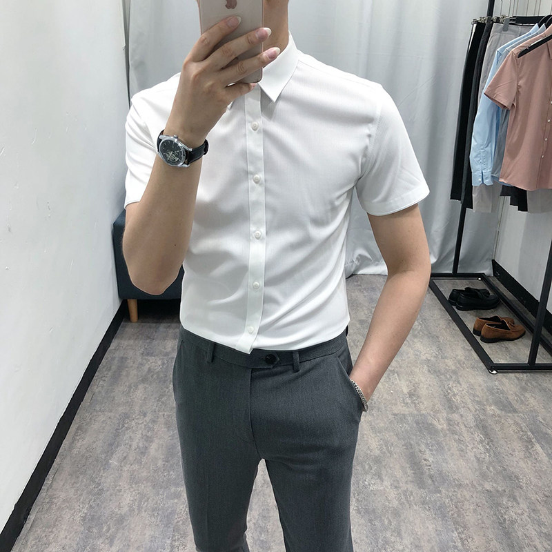 韩国夏季休闲修身衬衫男短袖韩版潮流帅气寸衣英伦免烫暗纹白衬衣