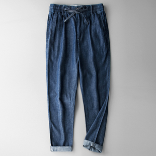 潮流宽松直筒超薄冰丝阔腿麻料老爹裤 亚麻牛仔裤 薄款 夏季 男九分裤