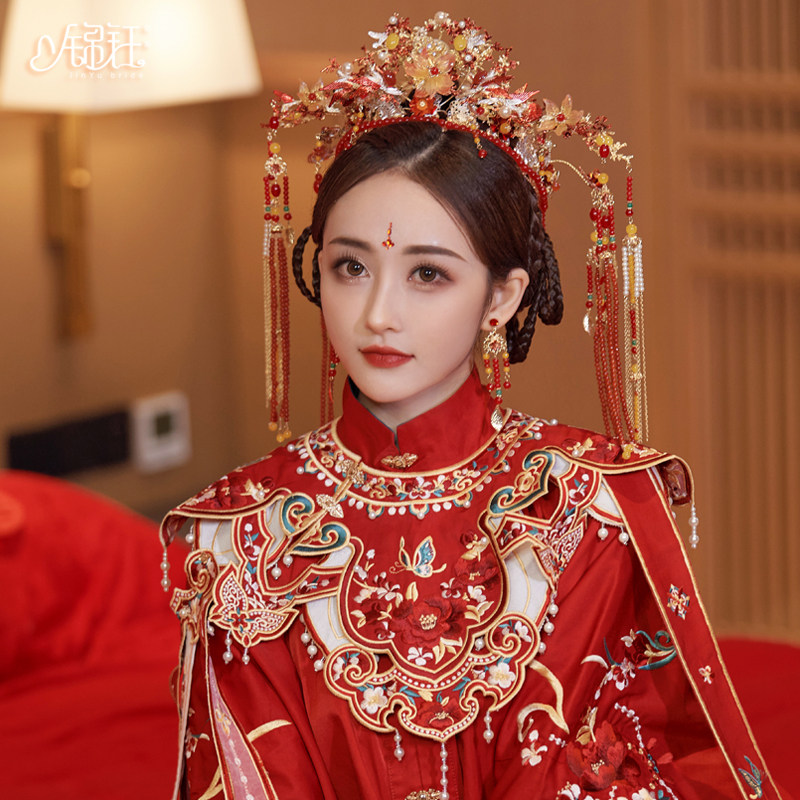 锦钰中式婚礼明制汉服红色复古宫廷风结婚新娘凤冠长流苏古典头饰
