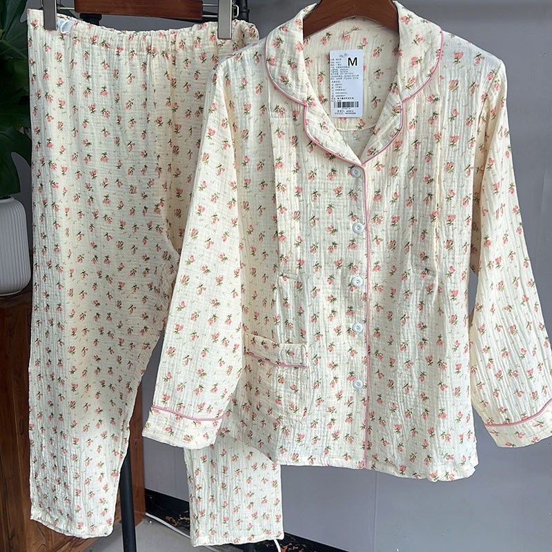 春夏纱布月子服双层绉纱产后纯棉春秋产妇哺乳衣孕妇待产睡衣套装