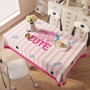 夏季粉猫咪防水防尘耐脏长方形桌布棉麻混纺可擦S洗少女心化妆桌