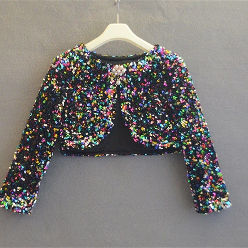 儿童黑色披肩长袖女孩公主披风走秀礼服女童演出闪亮片外搭斗篷秋