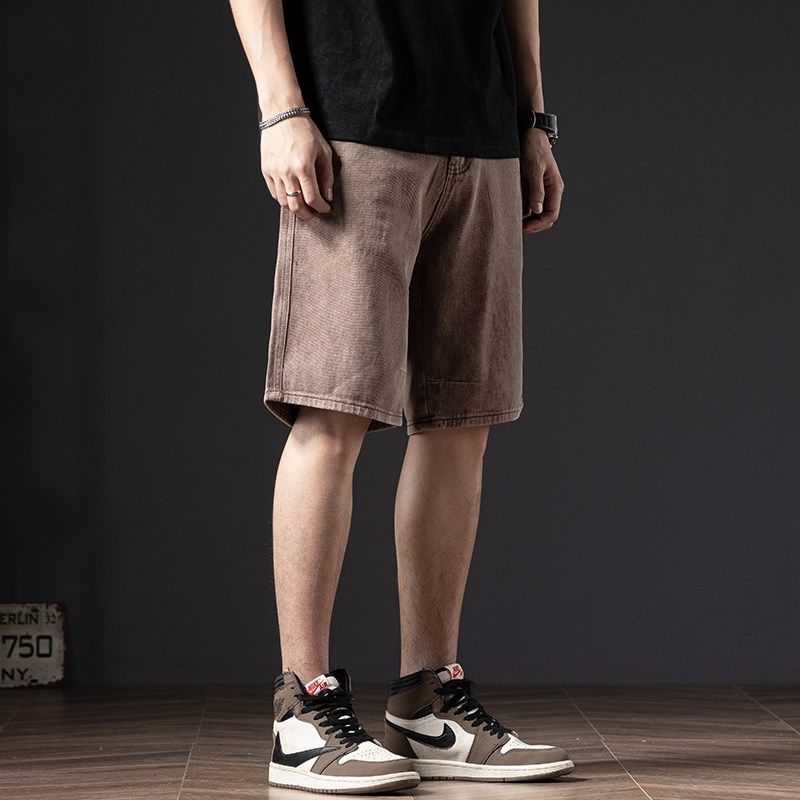 铁锈红牛仔短裤男款夏季美式重磅宽松直筒马裤大码休闲五分裤中裤