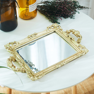 北欧金色盘镜面茶果点心咖啡甜品台收纳托盘拍摄道具复古首饰盘