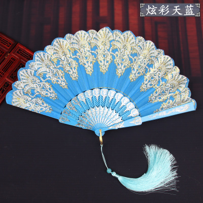 布西班牙舞蹈折扇子折叠复古易开合广场舞黑色二人转秧歌古典汉服