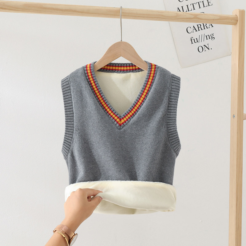 儿童毛线马甲男孩女童加绒加厚保暖外穿学生校服毛衣背心男童马夹