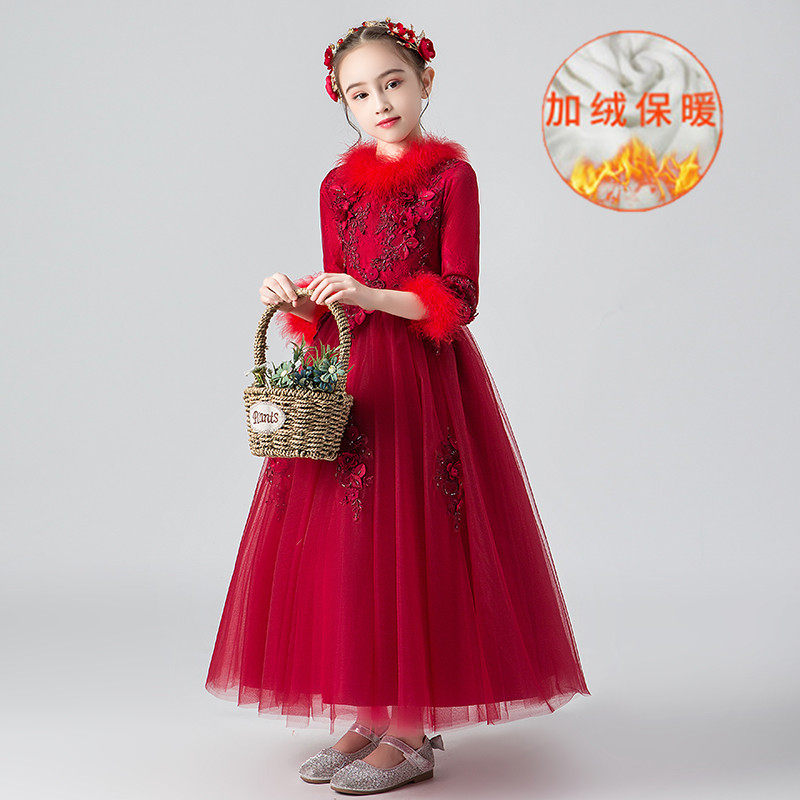 儿童礼服公主裙秋冬加绒主持人生日2021新款女童长袖蓬蓬表演长裙