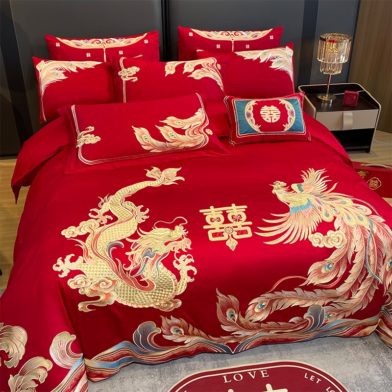 婚庆四件套大红全棉龙凤高档结婚房嫁喜庆被罩新房嫁礼床上用品4