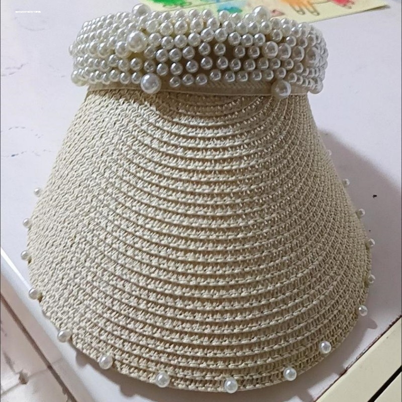 草编珍珠遮阳帽发箍空顶草帽女夏季发卡无顶鸭舌遮脸防晒太阳帽子