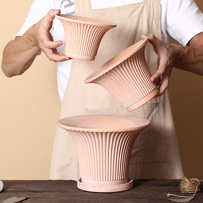 复古喇叭口条纹红陶花盆鸿运当头绿植鲜花大口径透气吸水粗陶新款