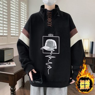 冬季半高领卫衣12岁男孩初中学生13加绒加厚内搭15大童保暖打底衫